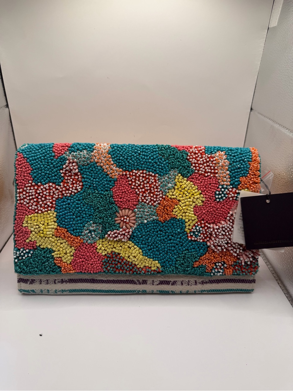 America & Beyond Beaded Floral Clutch Foldover Evening Bag NWT